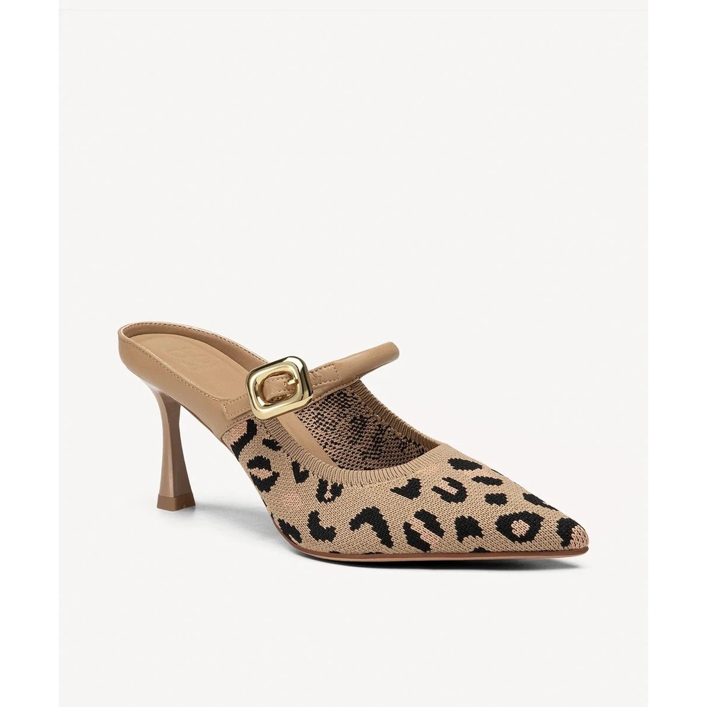 Leopard Knit Pointed Mule with Buckle Detail - Tan/Black - Picture 3 of 8